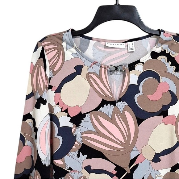 Susan Graver Tops - Susan Graver Top Women S Beige Blue Keyhole Neck 3/4 Sleeve Liquid Knit Tunic